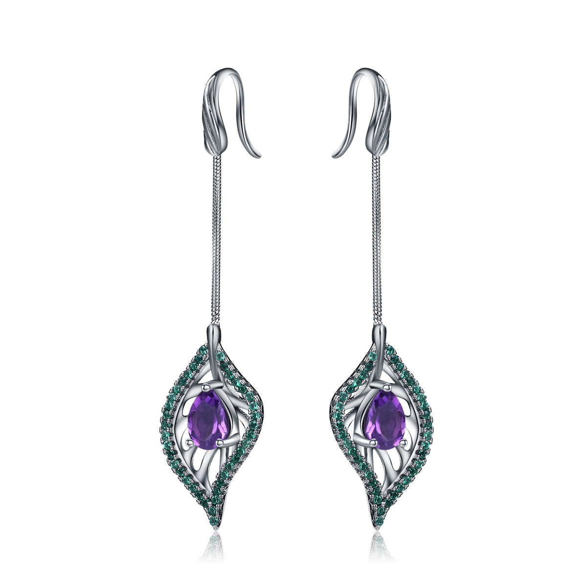 Amethyst Nature-Inspired Long Drop Earrings 925 Sterling Silver (wearing effect view)