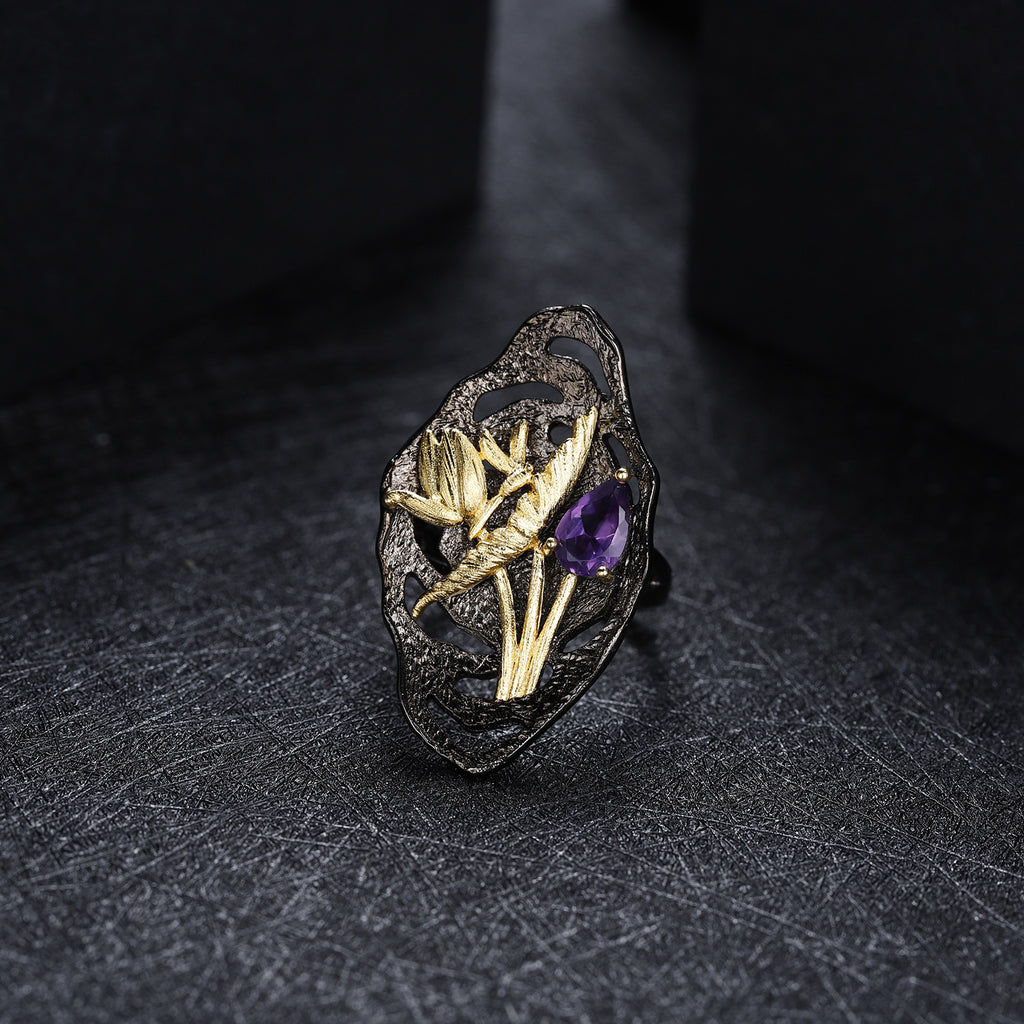 Amethyst Nature-Inspired Adjustable Ring 925 Sterling Silver