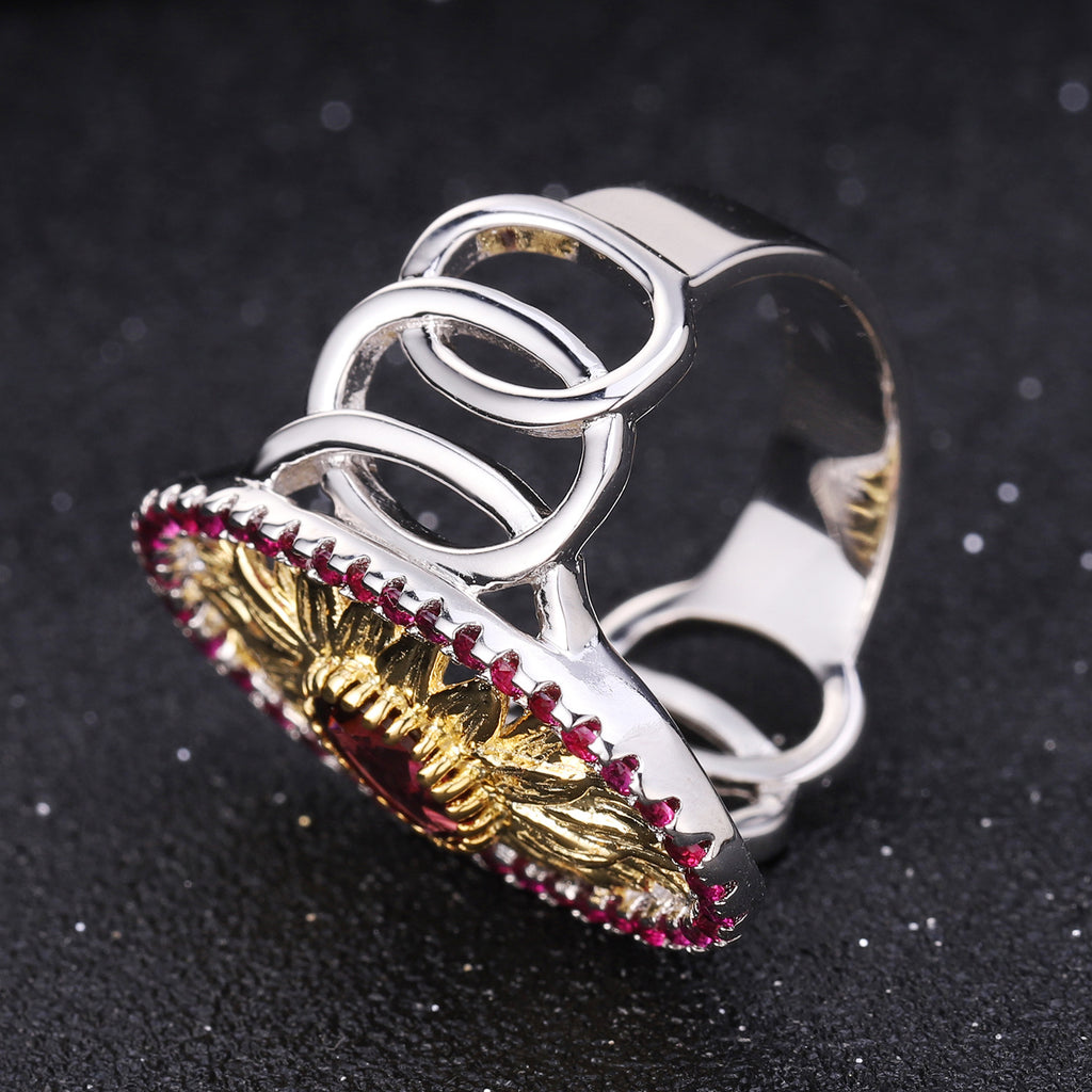 Rose Garnet Sunflower Ring 925 Sterling Silver (gemstone setting detail)