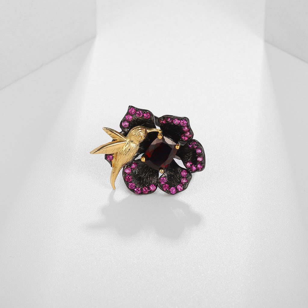 Amethyst Birds & Blossoms Ring 925 Sterling Silver (gemstone setting detail)