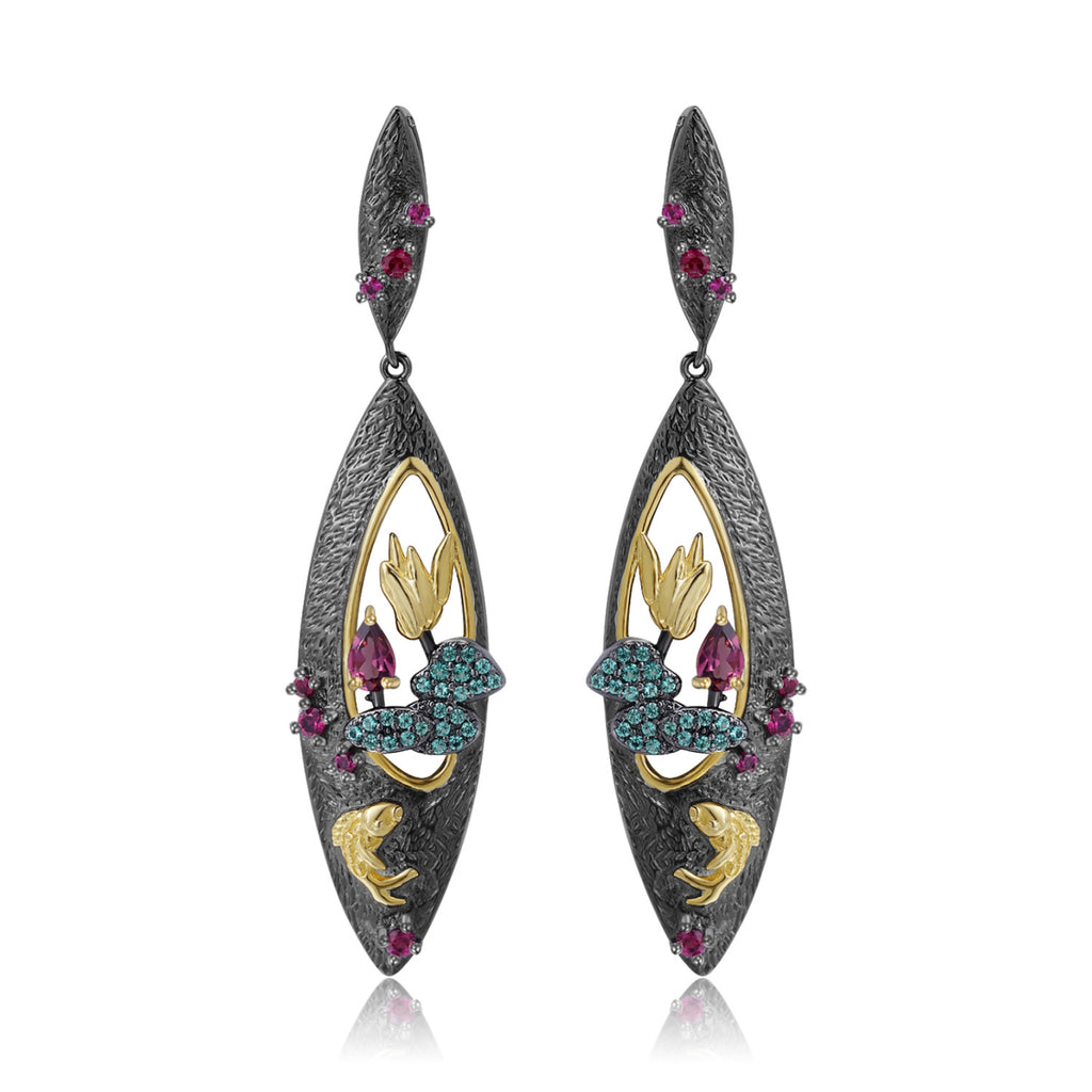 Rose Garnet Floral Earrings 925 Sterling Silver (wearing effect view)