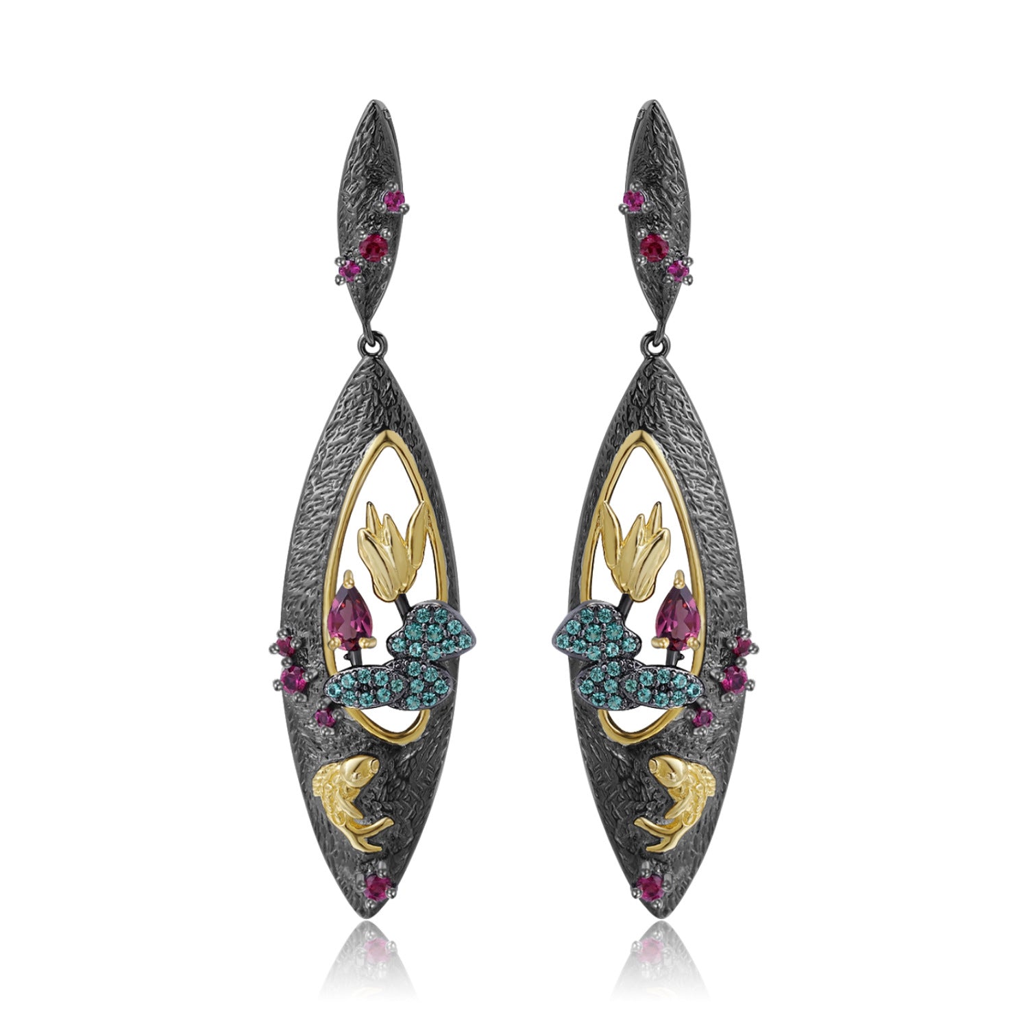 Rose Garnet Floral Earrings 925 Sterling Silver (wearing effect view)