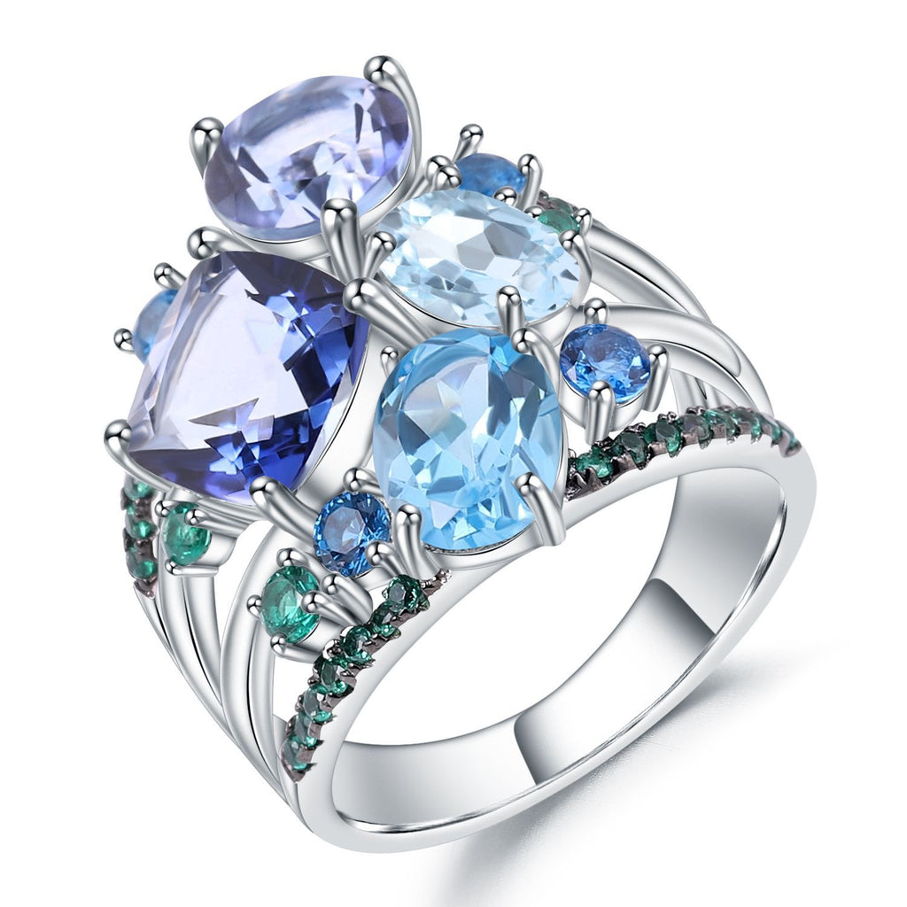 Luxury Natural Gemstone Ring 925 Sterling Silver with Topaz, Iolite & Crystal