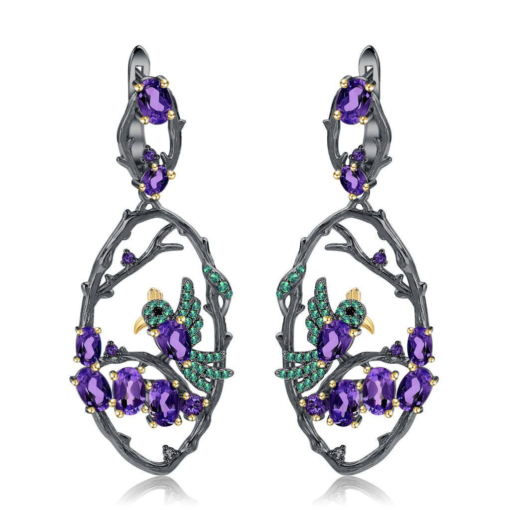 Natural Gemstone Birds Among the Branches Earrings 925 Sterling Silver (wearing effect view)