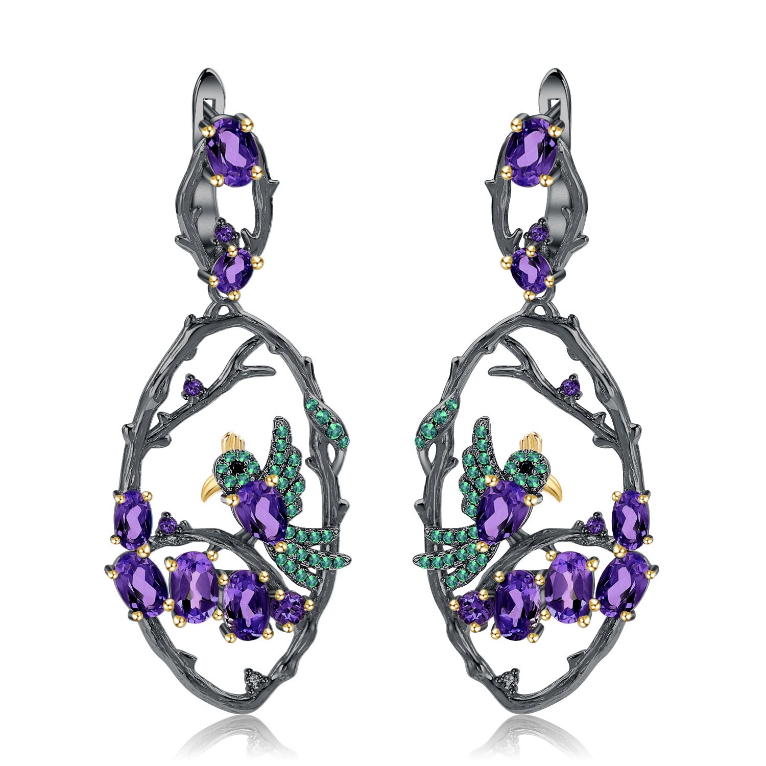 Natural Gemstone Birds Among the Branches Earrings 925 Sterling Silver (wearing effect view)