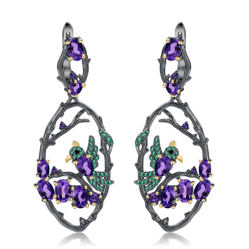 Natural Gemstone Birds Among the Branches Earrings 925 Sterling Silver (wearing effect view)