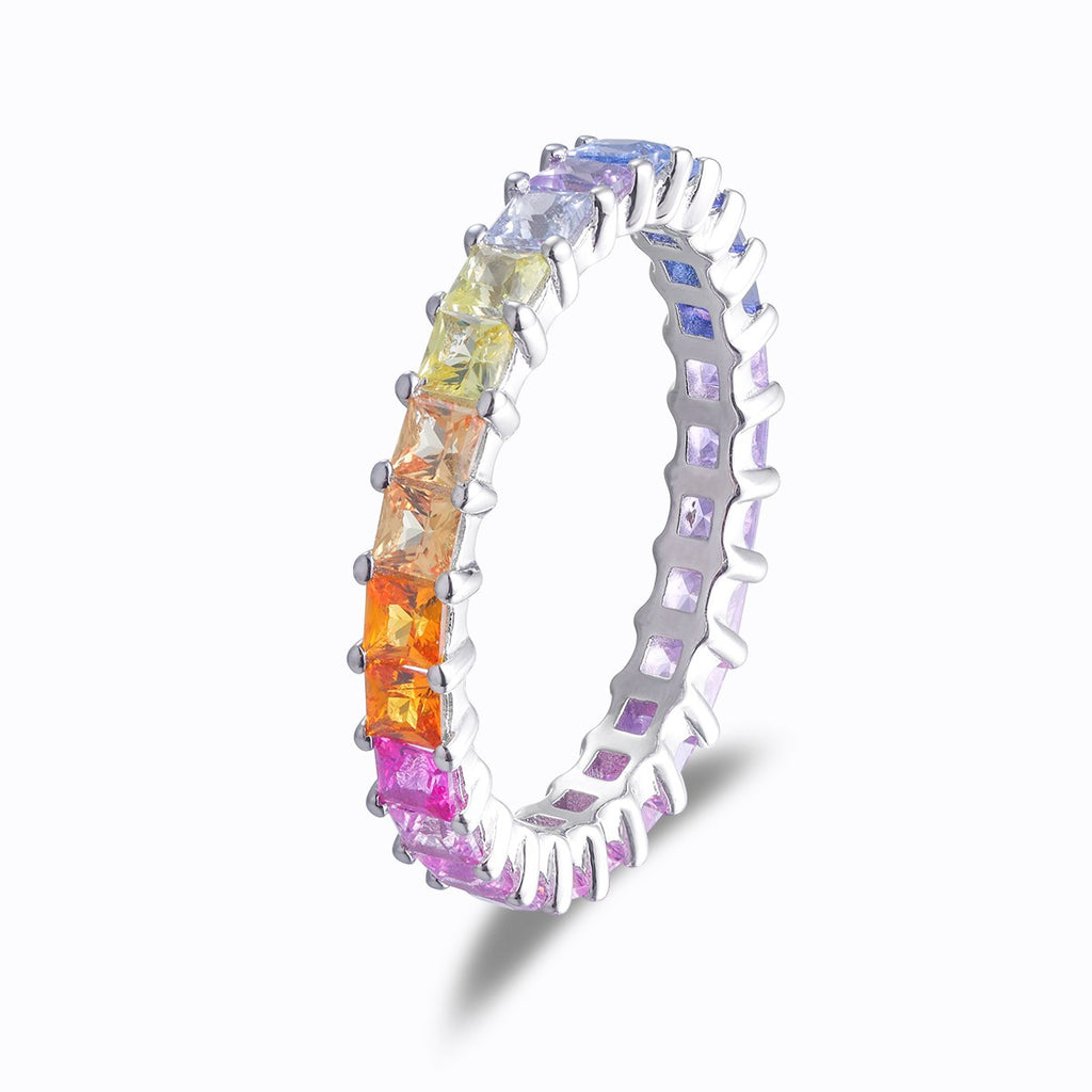 Lab-Grown Rainbow Gemstone Princess-Cut Single-Row Eternity Ring 925 Sterling Silver - White Background
