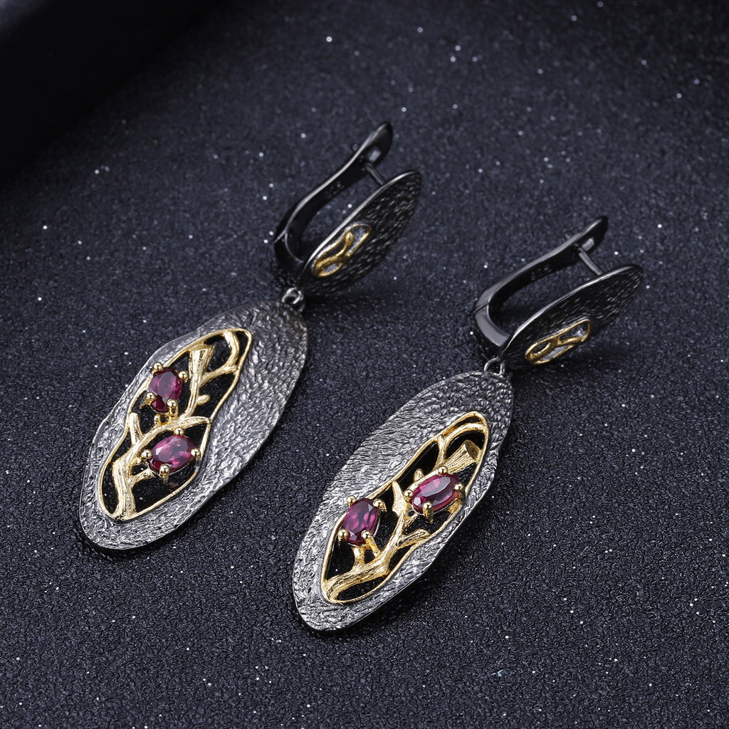 Rose Garnet Branch Earrings 925 Sterling Silver (design detail close-up)