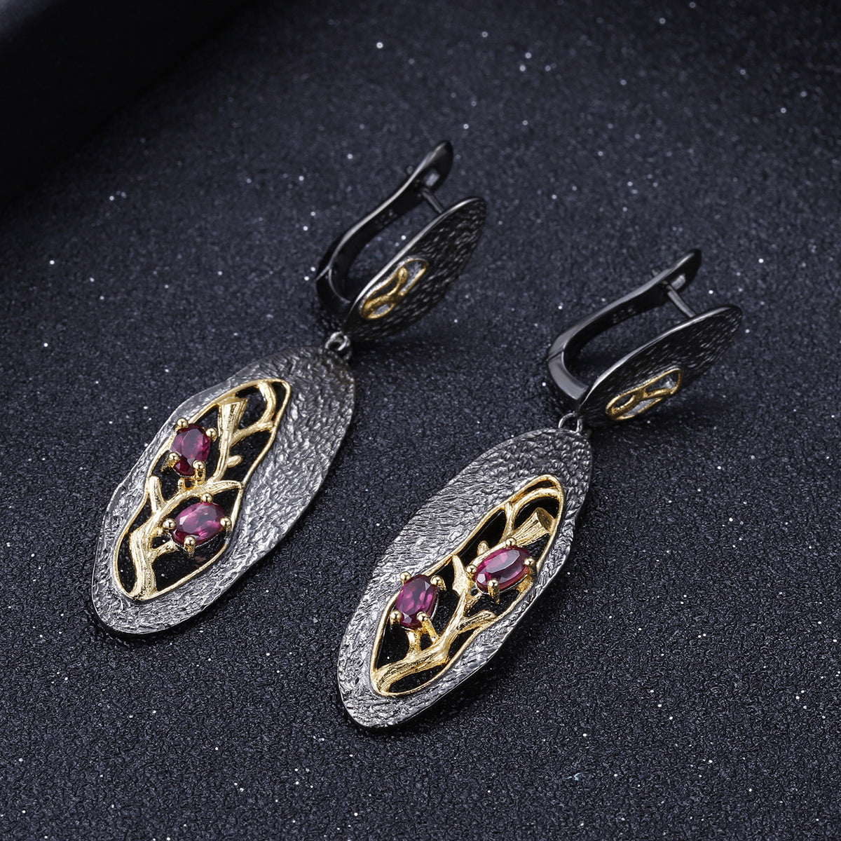 Rose Garnet Branch Earrings 925 Sterling Silver (design detail close-up)
