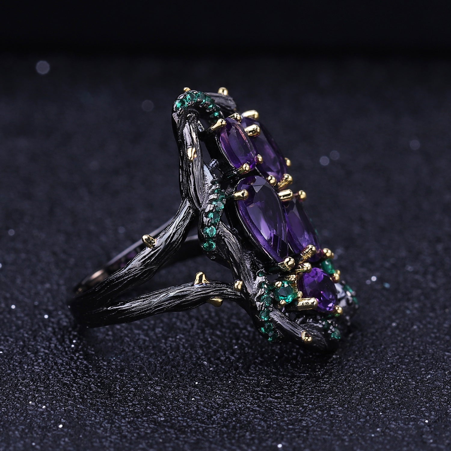 Amethyst Nature-Inspired Ring 925 Sterling Silver (side profile view)