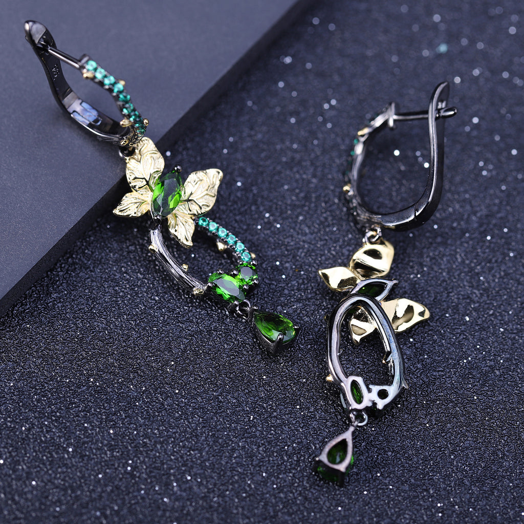 Diopside Butterfly Earrings 925 Sterling Silver (design detail close-up)