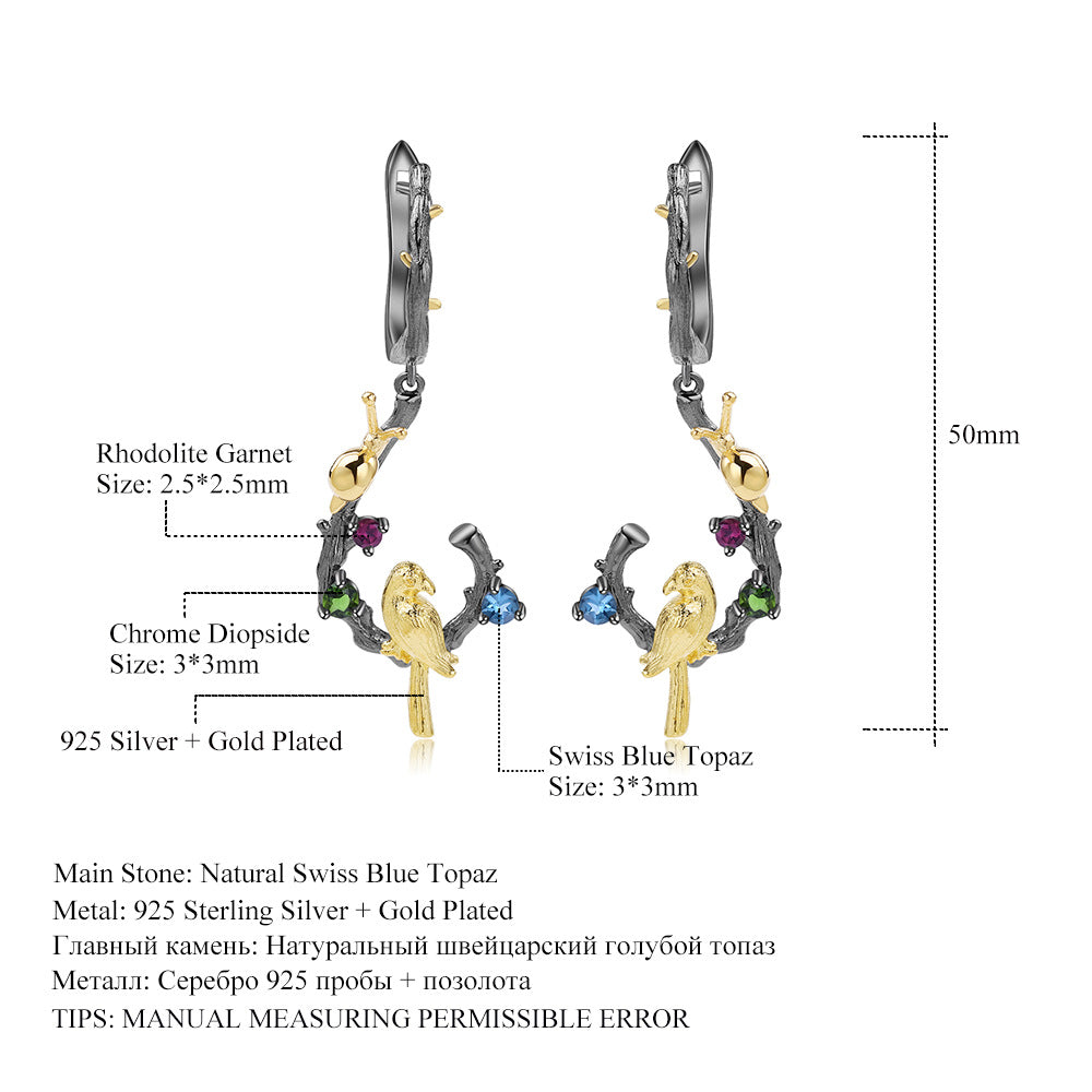 Multicolor Natural Gemstones Bird Earrings 925 Sterling Silver