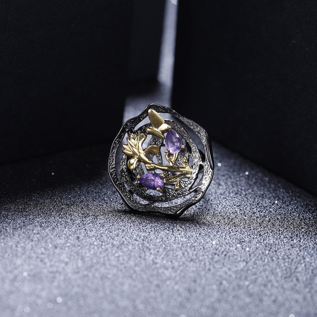 Amethyst Nature-Inspired Ring 925 Sterling Silver (gemstone setting detail)