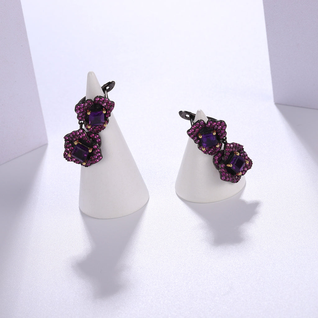 Amethyst Floral Earrings 925 Sterling Silver (side profile view)