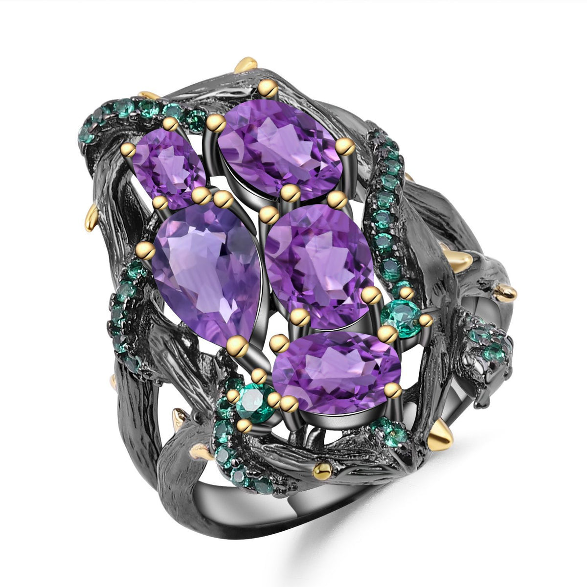 Amethyst Nature-Inspired Ring 925 Sterling Silver (wearing effect view)