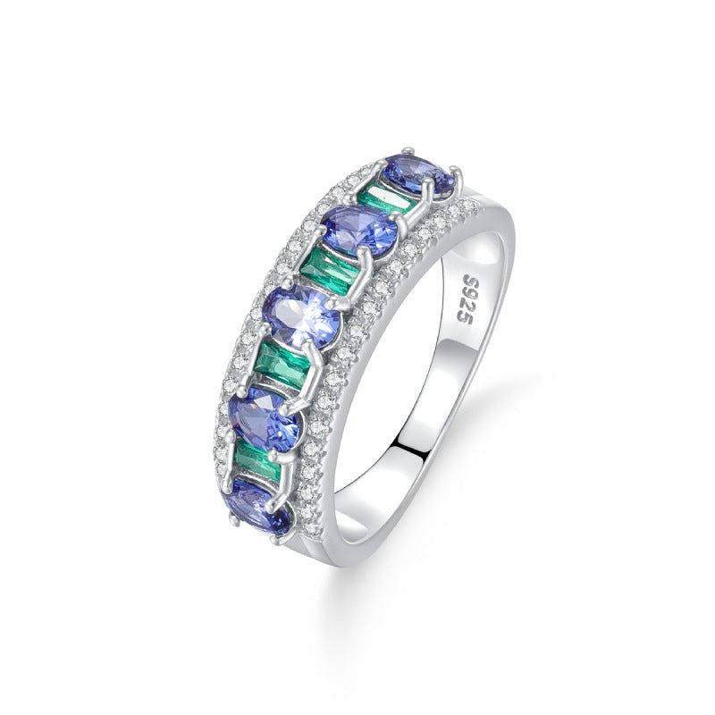 Natural Opal & Sapphire Ring 925 Sterling Silver - Lab-Created Sapphire