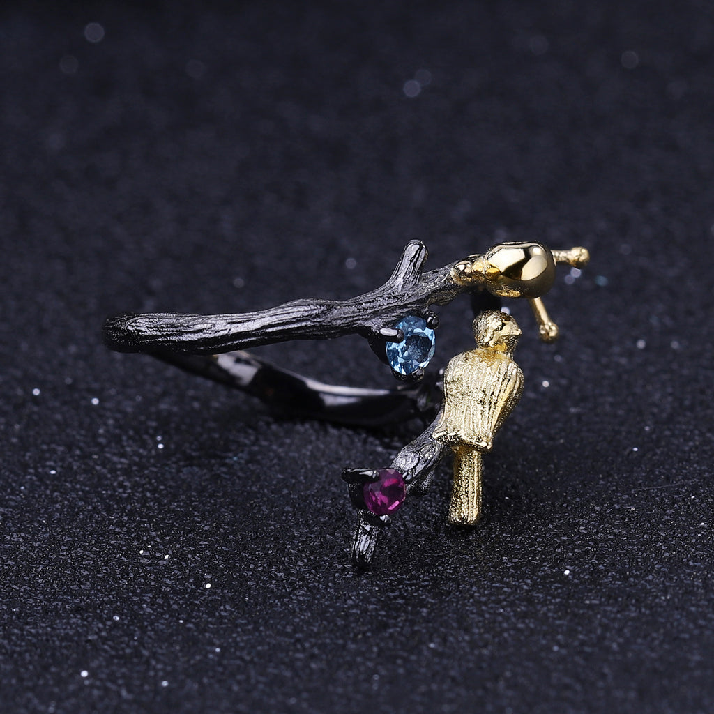Natural Gemstone Snail & Oriole Adjustable Ring 925 Sterling Silver (gemstone setting detail)