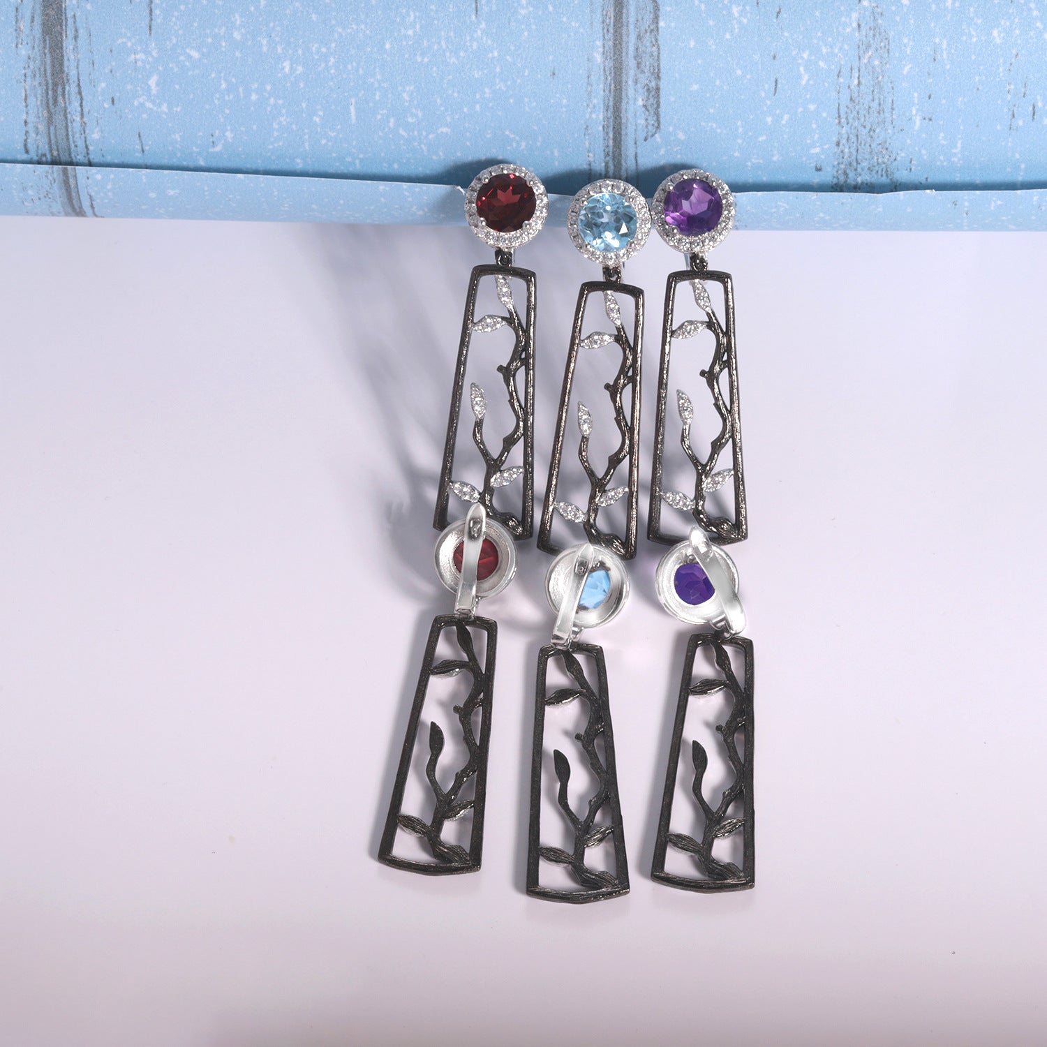 Amethyst Winter Plum Blossom Earrings 925 Sterling Silver (side profile view)