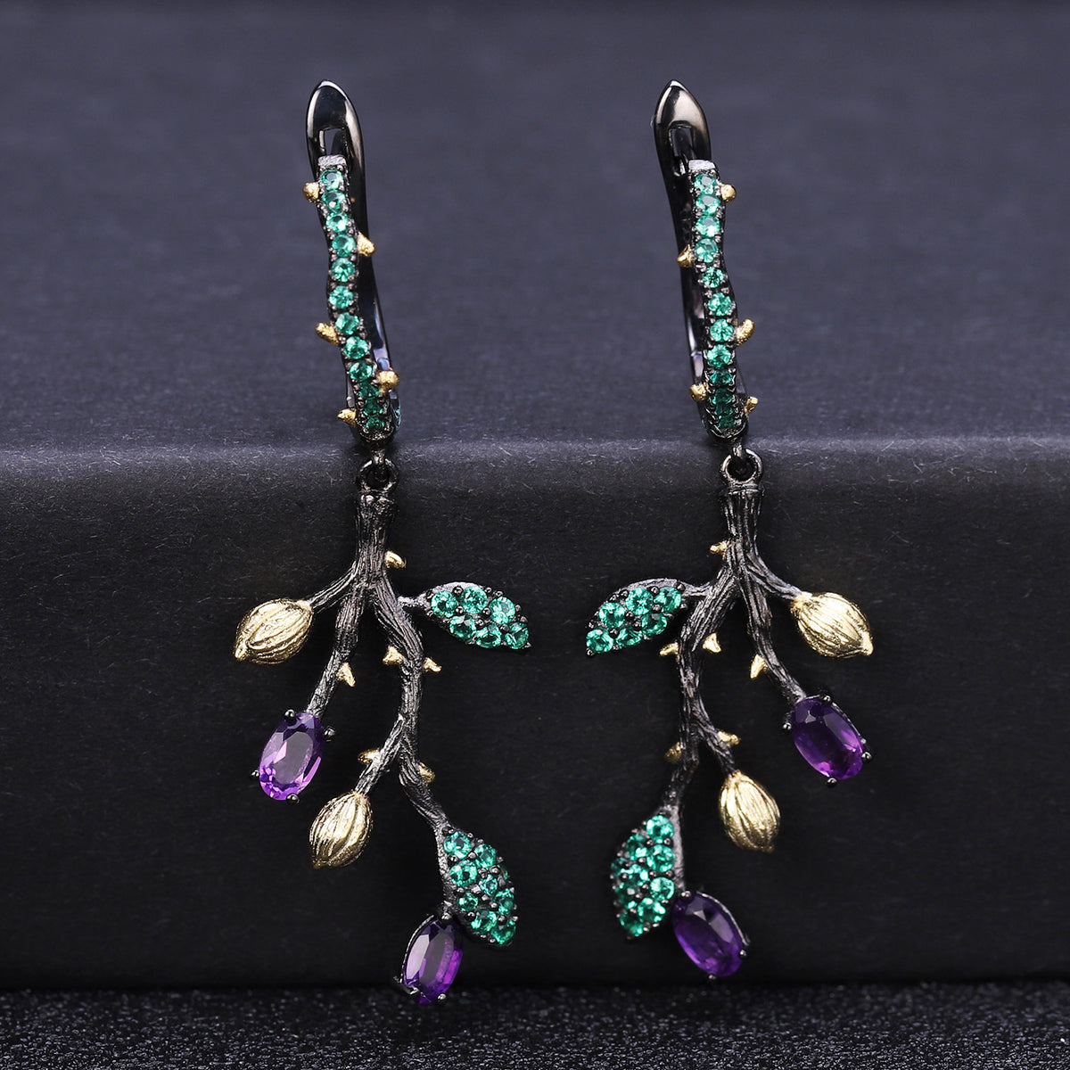 Multicolor Natural Gemstones Nature-Inspired Earrings 925 Sterling Silver (design detail close-up)