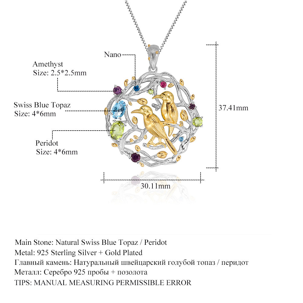 Natural Gemstone Bird Pendant 925 Sterling Silver (wearing effect view)