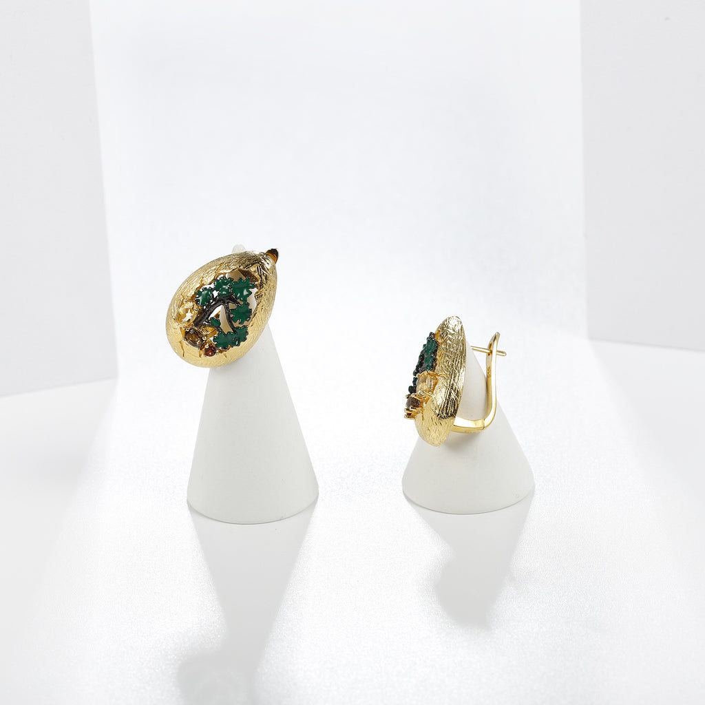 Multicolor Natural Gemstones Nature-Inspired Earrings 925 Sterling Silver (gemstone setting detail)