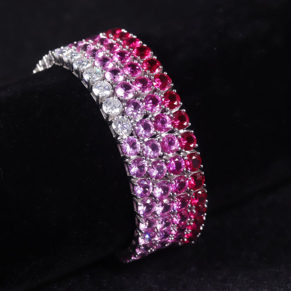 Lab-Grown Ruby 3/4/5mm Tennis Bracelet 925 Sterling Silver (wearing effect view)