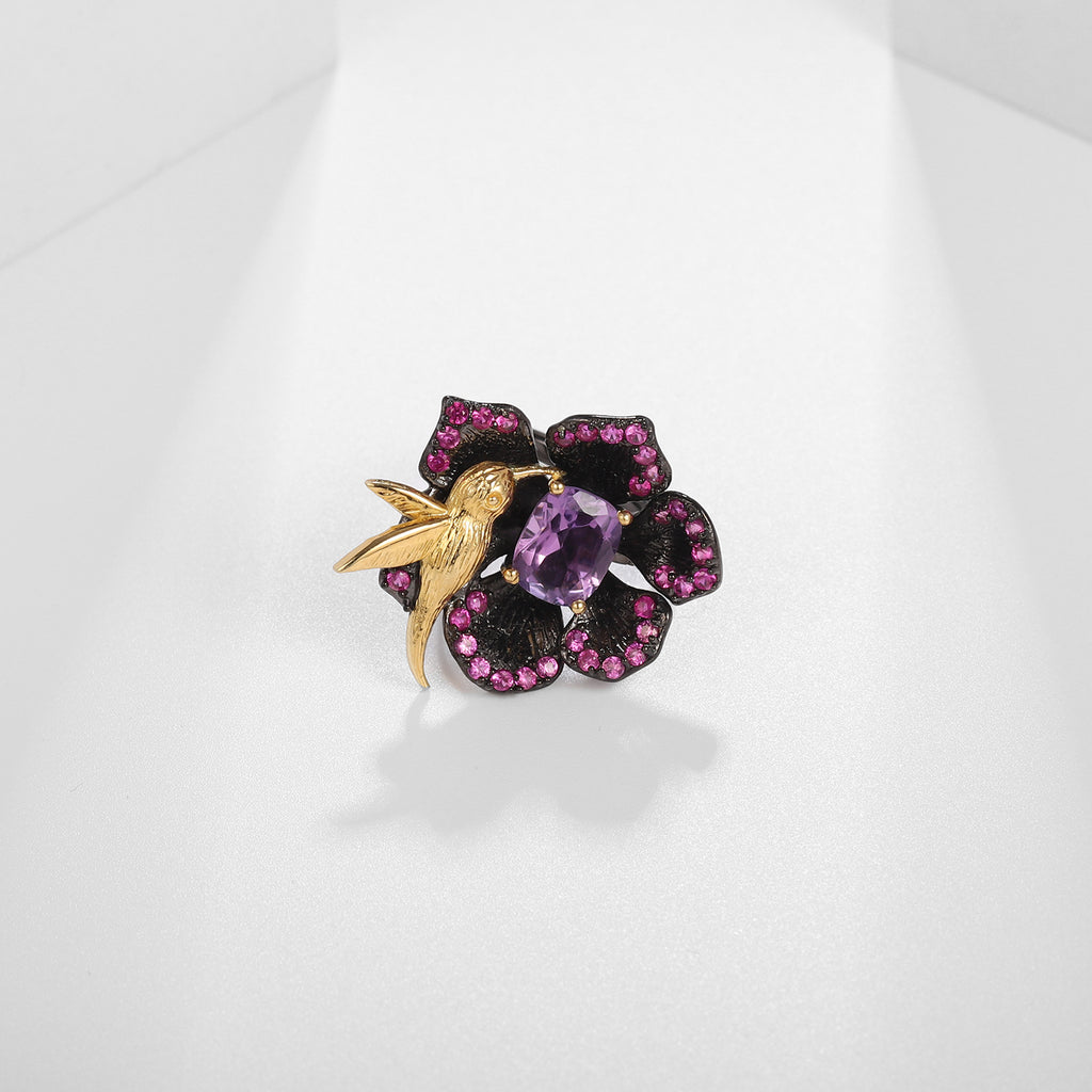Amethyst Birds & Blossoms Ring 925 Sterling Silver (design detail close-up)