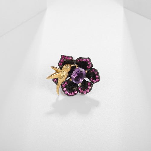 Amethyst Birds & Blossoms Ring 925 Sterling Silver (design detail close-up)