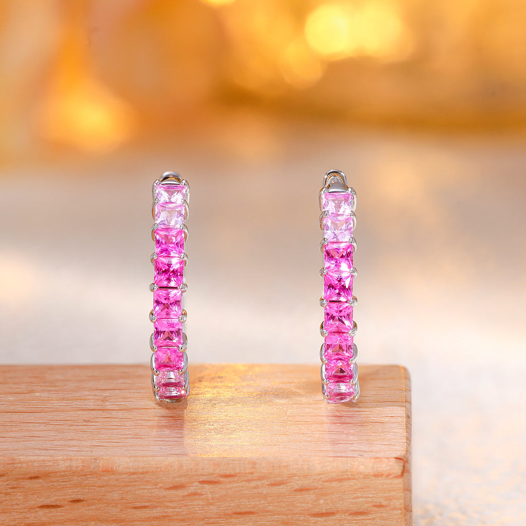 Lab-Grown Pink Gemstone Princess-Cut Hoop Earrings 925 Sterling Silver - Pair Detail