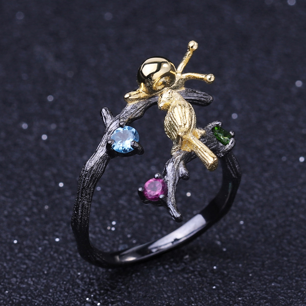 Natural Gemstone Snail & Oriole Adjustable Ring 925 Sterling Silver (design detail close-up)