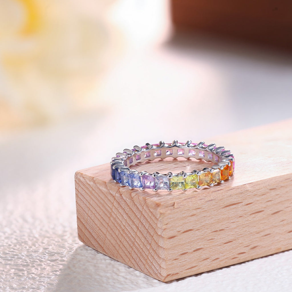 Lab-Grown Rainbow Gemstone Princess-Cut Single-Row Eternity Ring 925 Sterling Silver - Side View