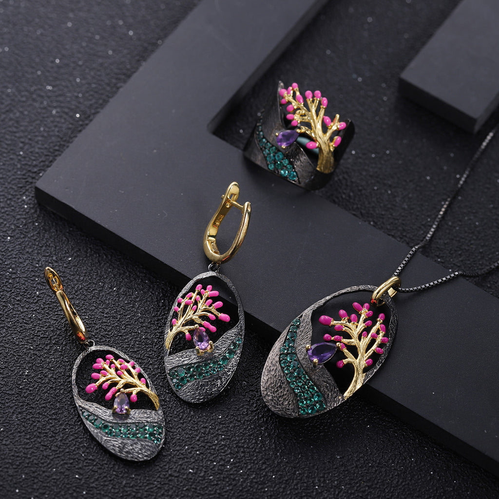 Natural Gemstone Tree of Life Earrings 925 Sterling Silver (gemstone setting detail)