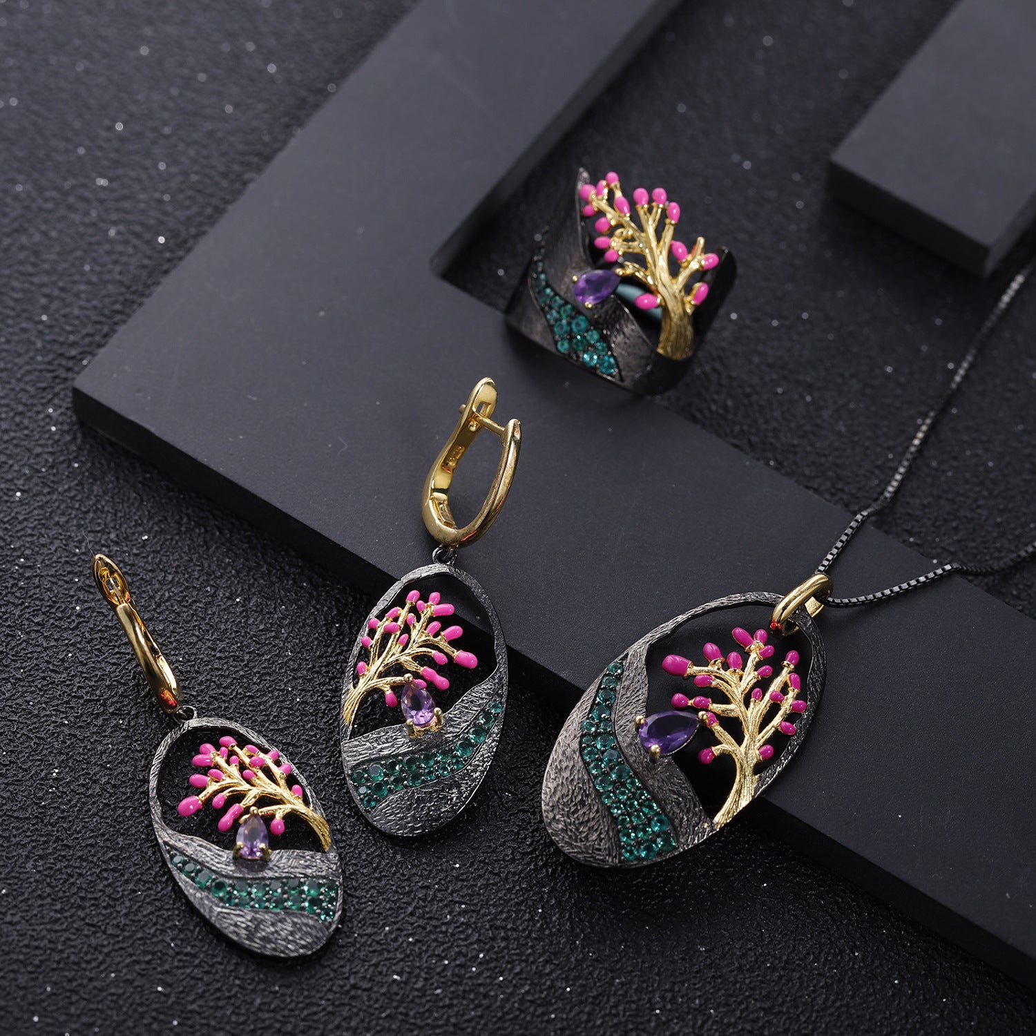 Natural Gemstone Tree of Life Earrings 925 Sterling Silver (gemstone setting detail)