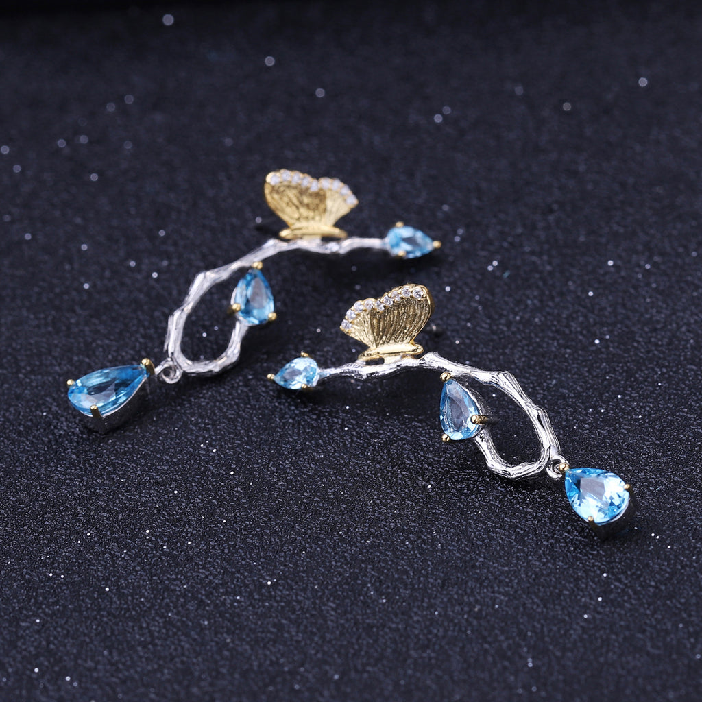 Topaz Butterfly Earrings 925 Sterling Silver (design detail close-up)