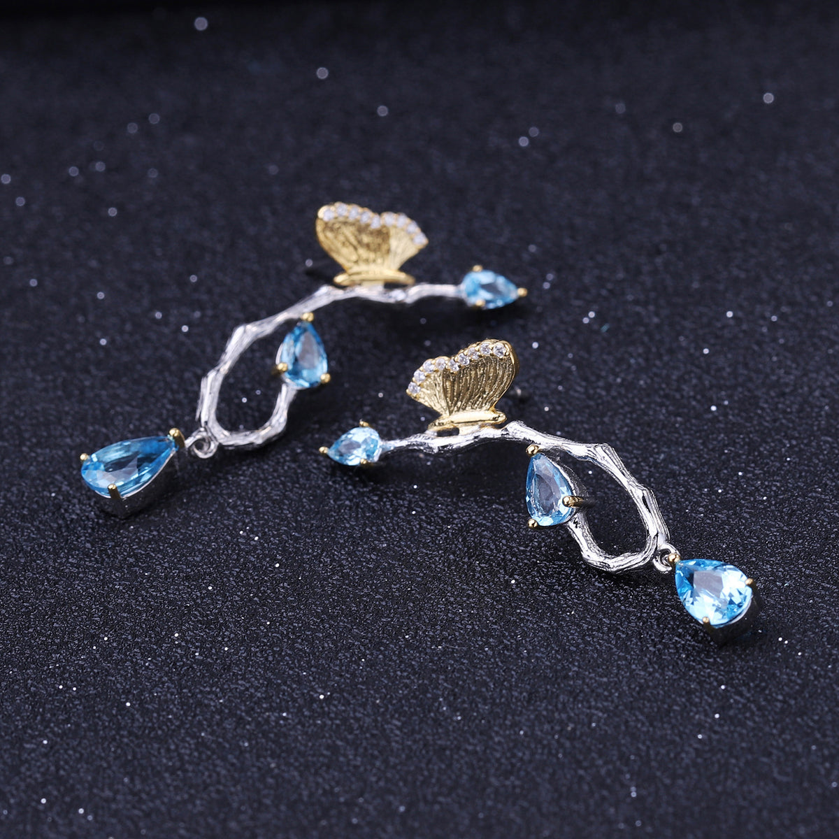 Topaz Butterfly Earrings 925 Sterling Silver (design detail close-up)