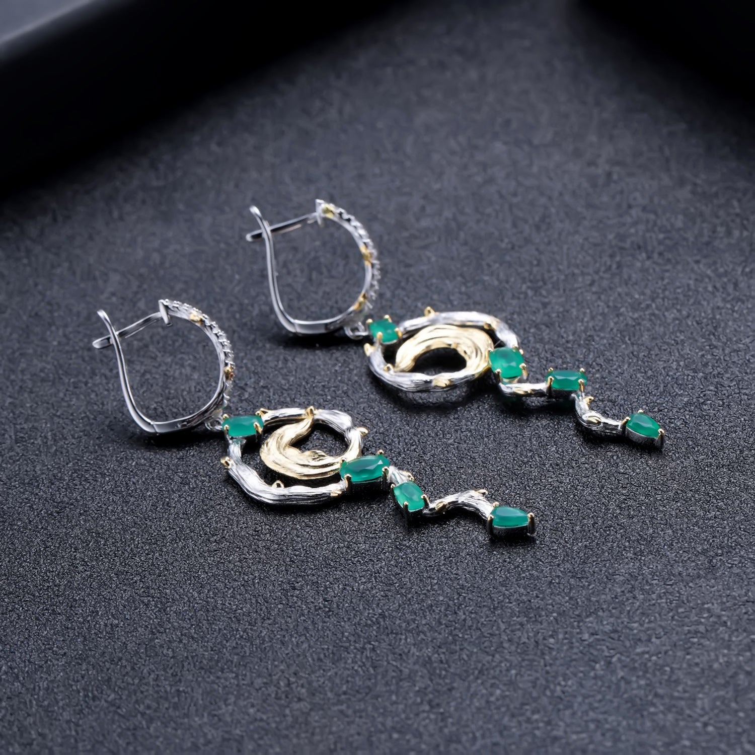 Green Agate Floral Earrings 925 Sterling Silver (side profile view)