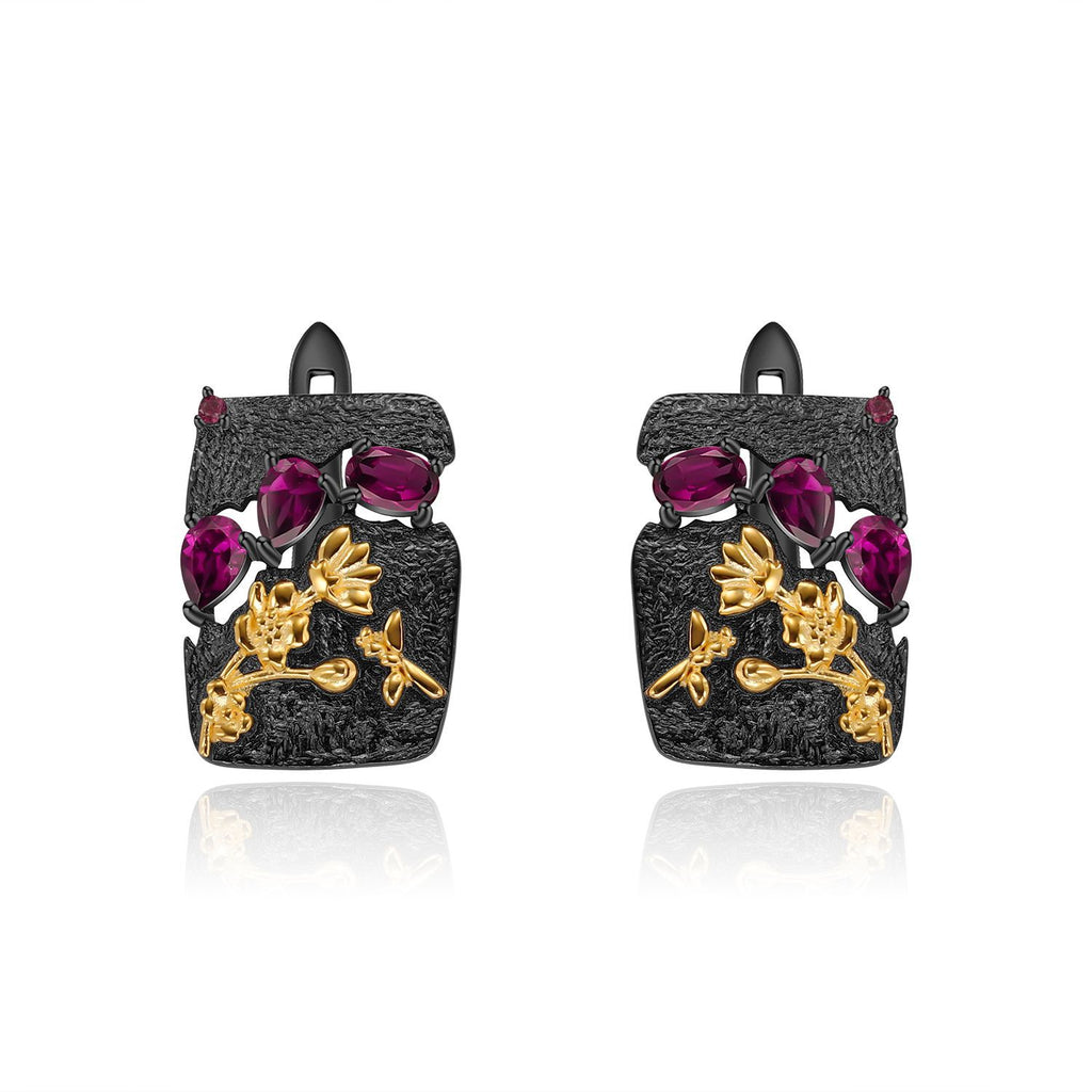 Rose Garnet Floral Earrings 925 Sterling Silver (wearing effect view)