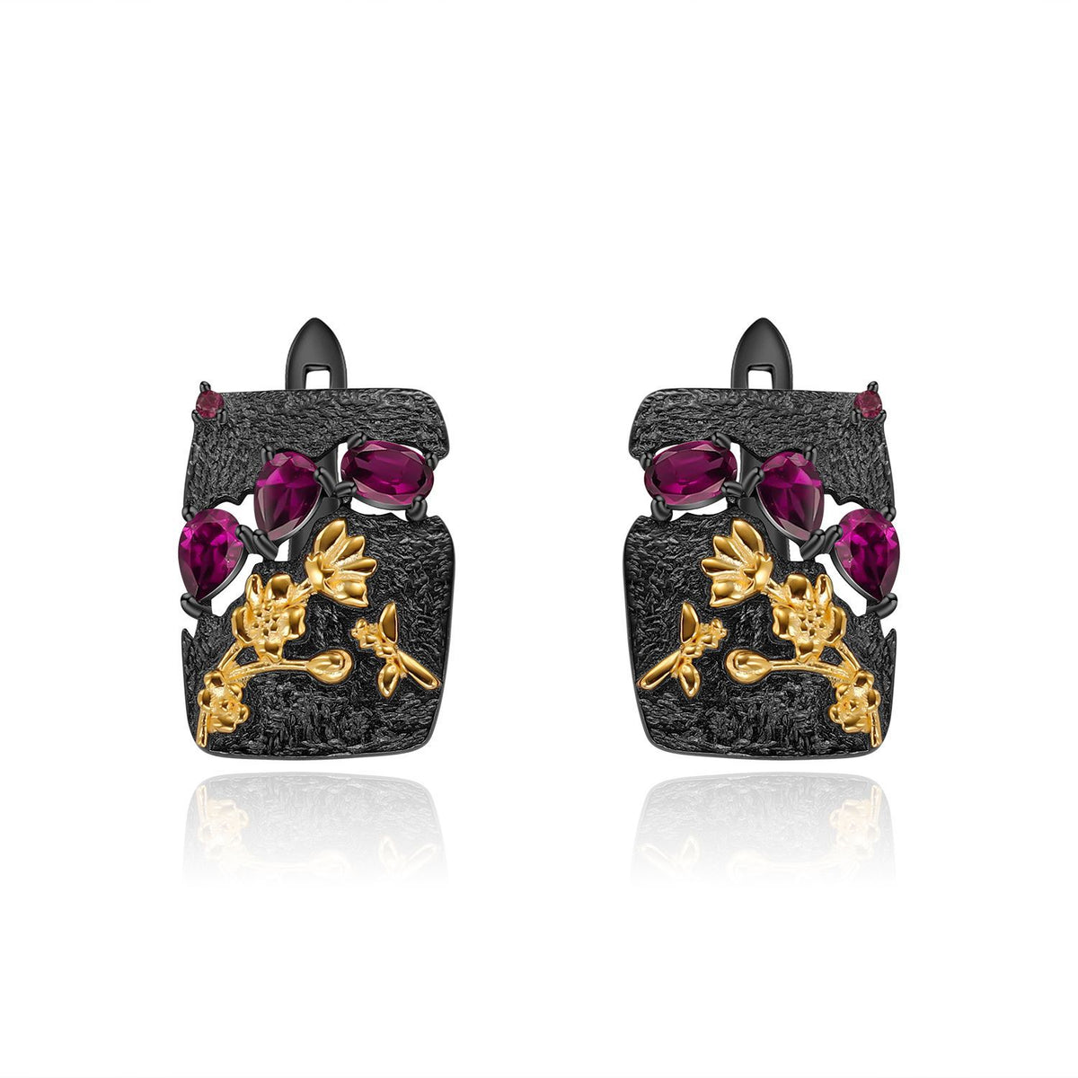 Rose Garnet Floral Earrings 925 Sterling Silver (wearing effect view)