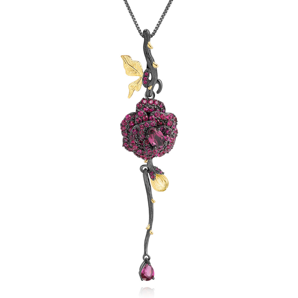Multicolor Natural Gemstones Rose Pendant 925 Sterling Silver (design detail close-up)