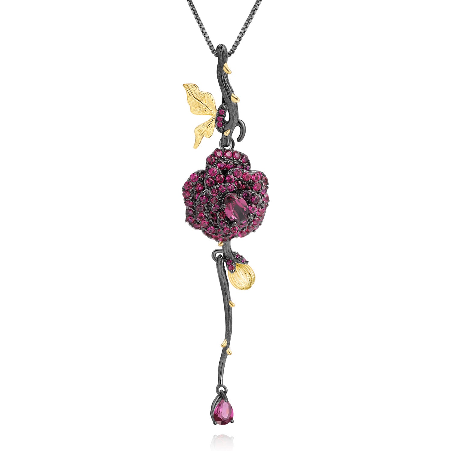 Multicolor Natural Gemstones Rose Pendant 925 Sterling Silver (design detail close-up)