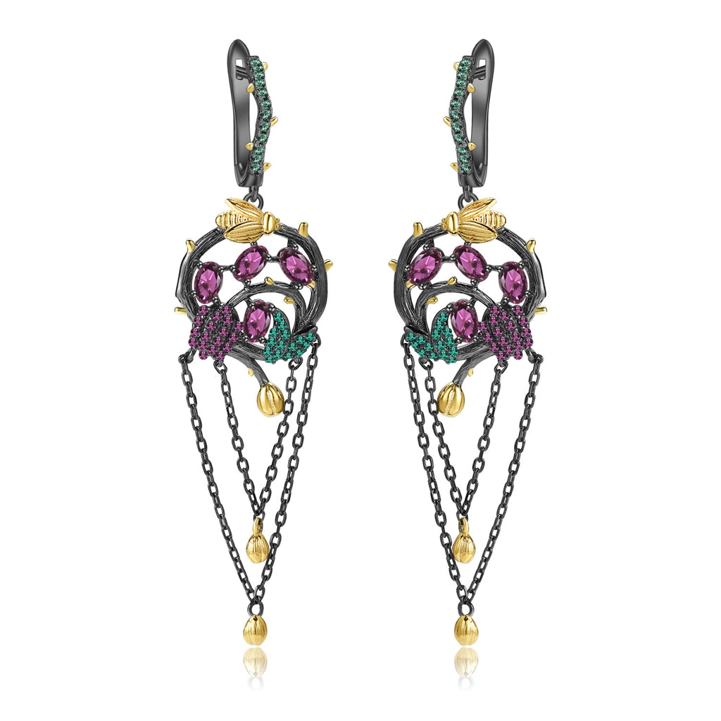 Rose Garnet Floral Tassel Earrings 925 Sterling Silver (wearing effect view)
