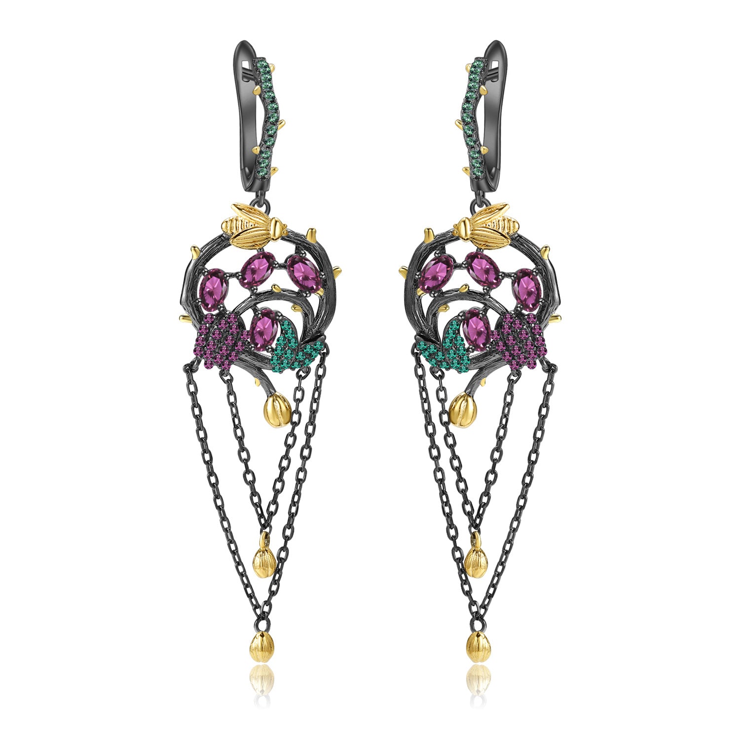 Rose Garnet Floral Tassel Earrings 925 Sterling Silver (wearing effect view)