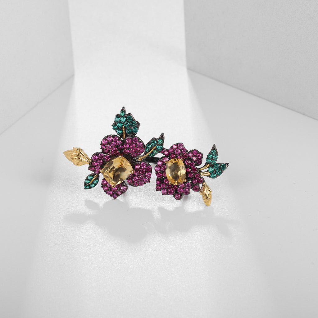Citrine Floral Adjustable Ring 925 Sterling Silver (design detail close-up)