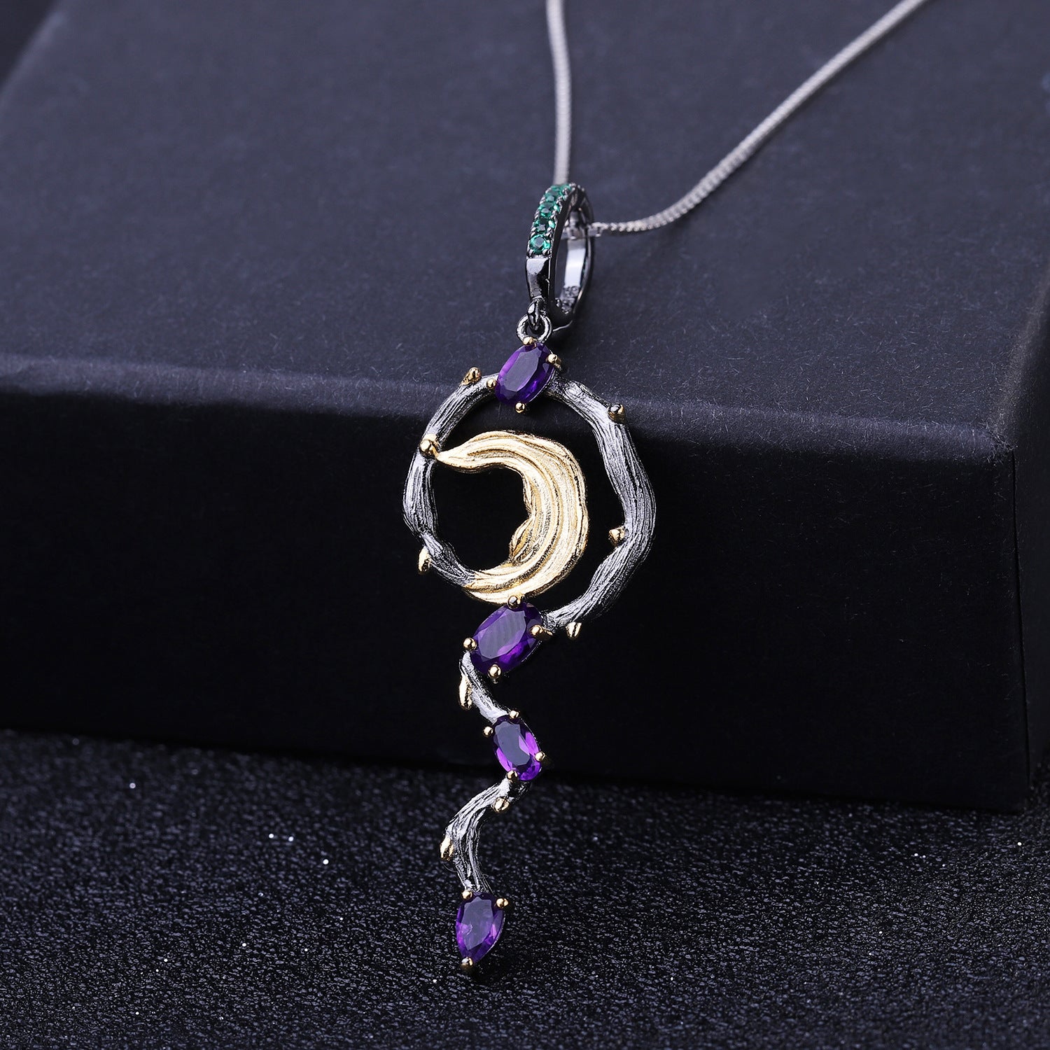 Multicolor Natural Gemstones Floral Pendant 925 Sterling Silver (gemstone setting detail)