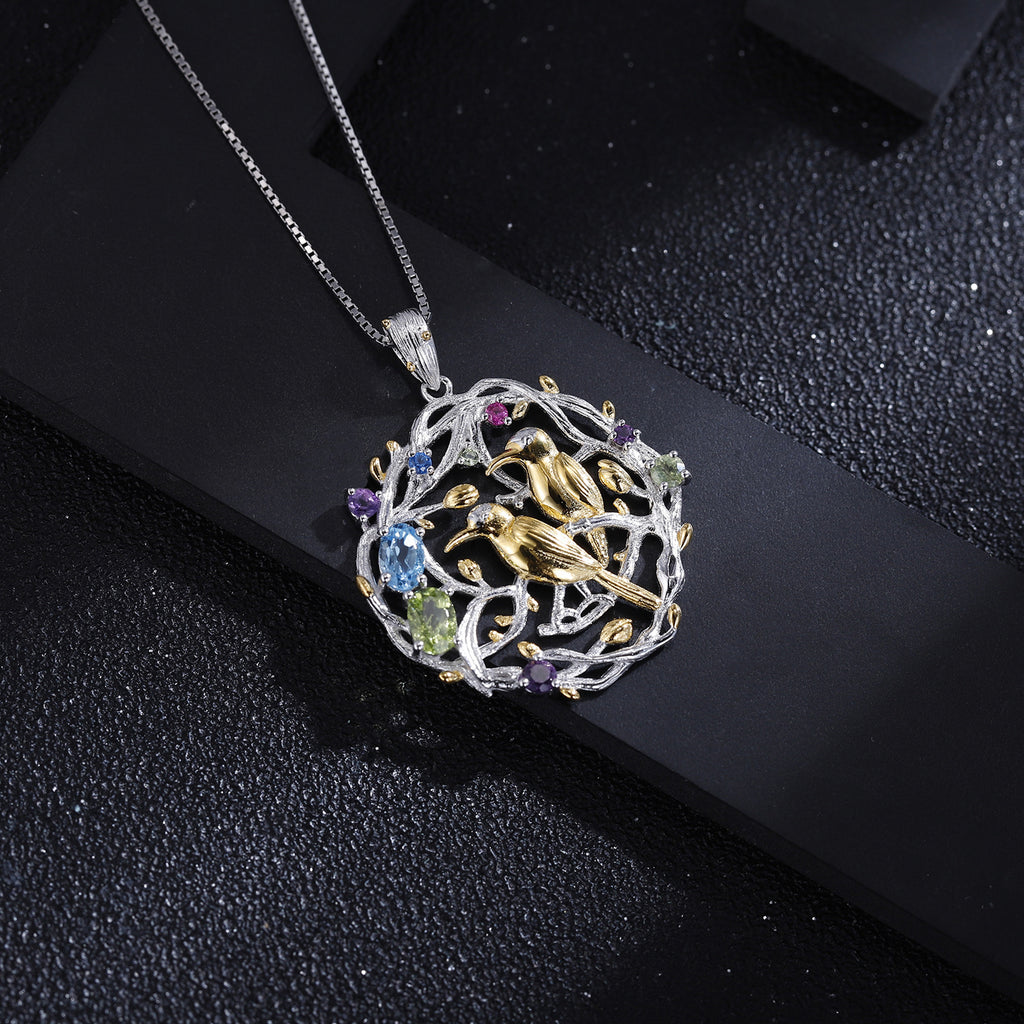 Natural Gemstone Bird Pendant 925 Sterling Silver (gemstone setting detail)