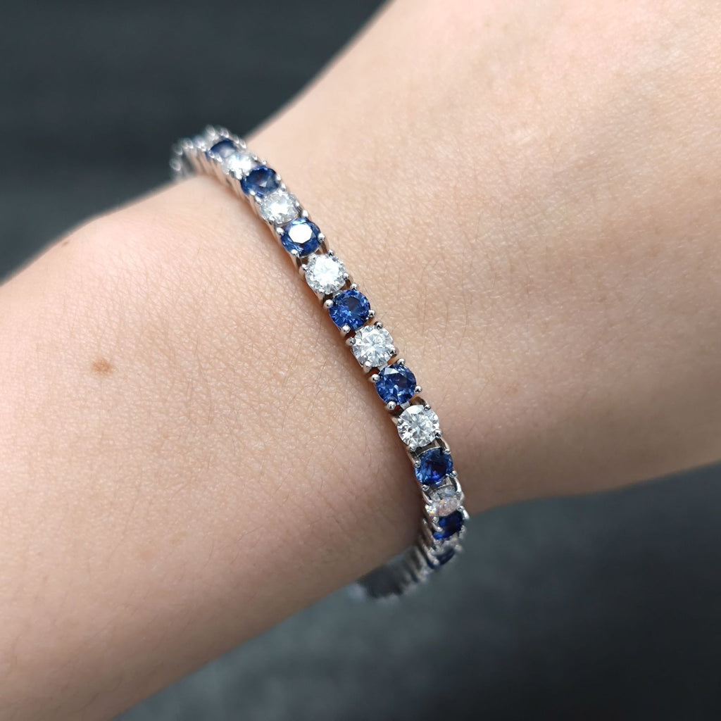 Lab-Grown Blue Sapphire 3/4/5mm Tennis Bracelet 925 Sterling Silver (wearing effect view)