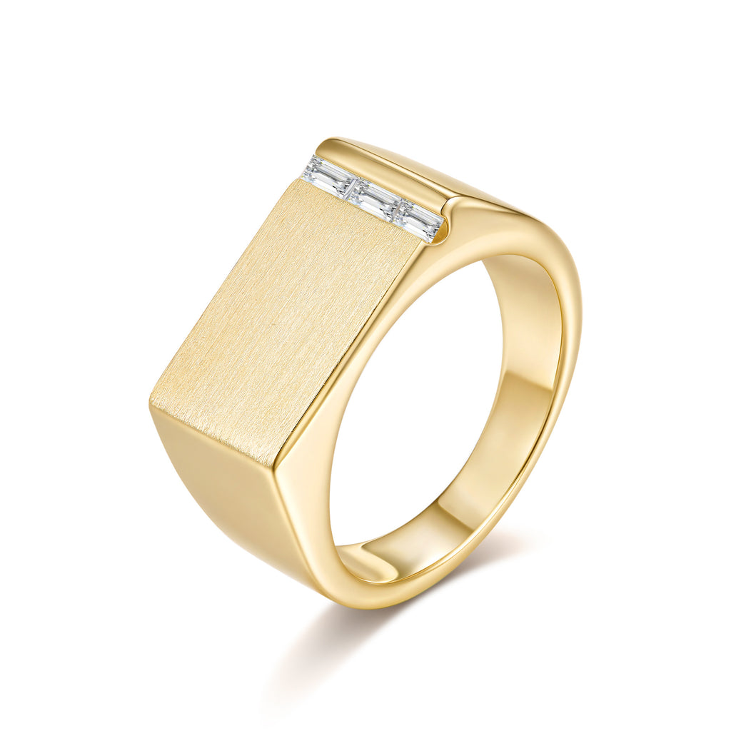 Emerald Cut Moissanite & Zircon Ring 925 Sterling Silver Brushed Rectangle - Front View