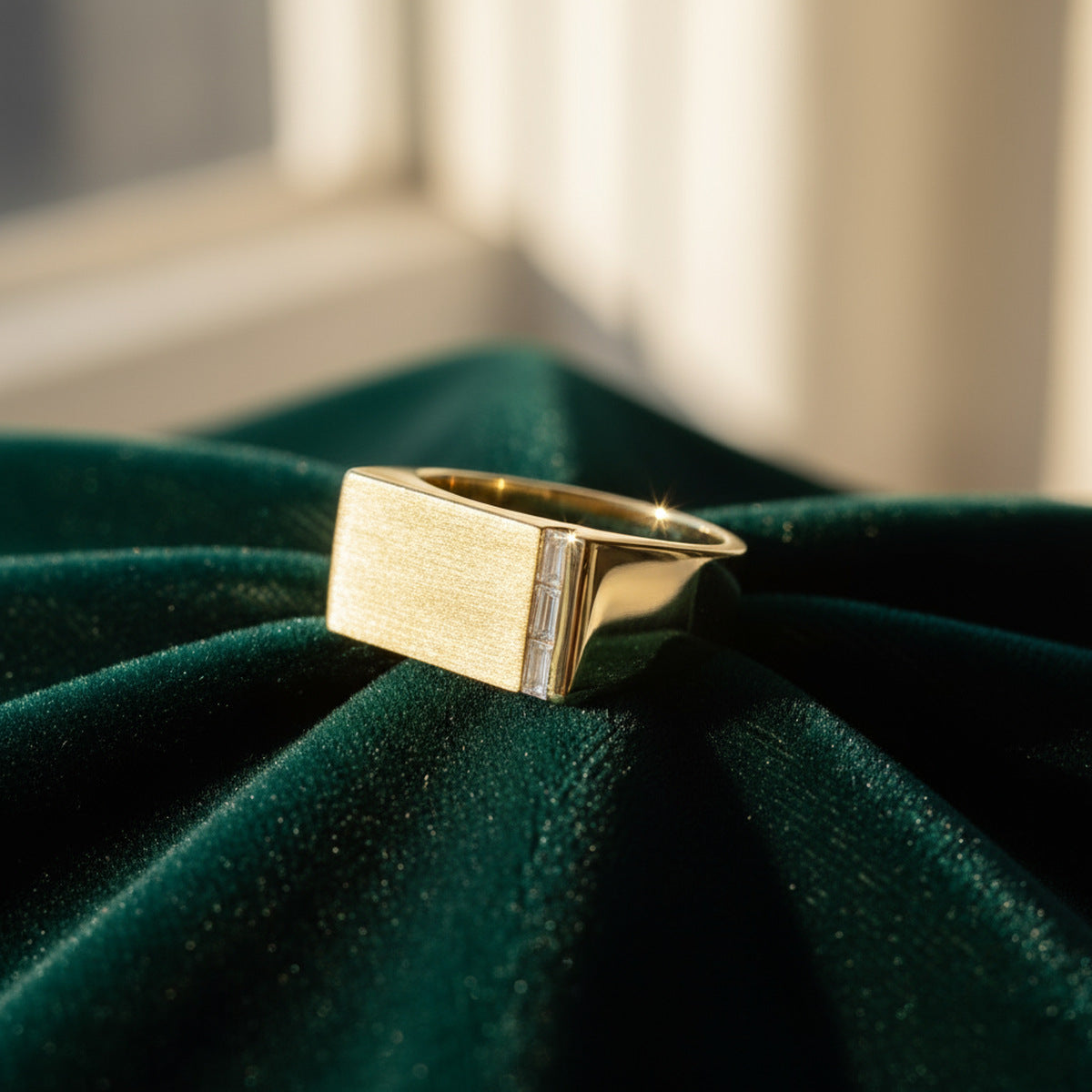Emerald Cut Moissanite & Zircon Ring 925 Sterling Silver Brushed Rectangle - Angle View