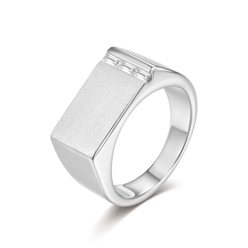 Emerald Cut Moissanite & Zircon Ring 925 Sterling Silver Brushed Rectangle - Close Up