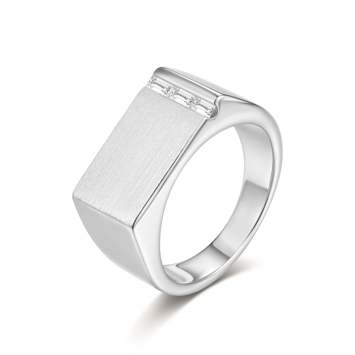 Emerald Cut Moissanite & Zircon Ring 925 Sterling Silver Brushed Rectangle - Close Up